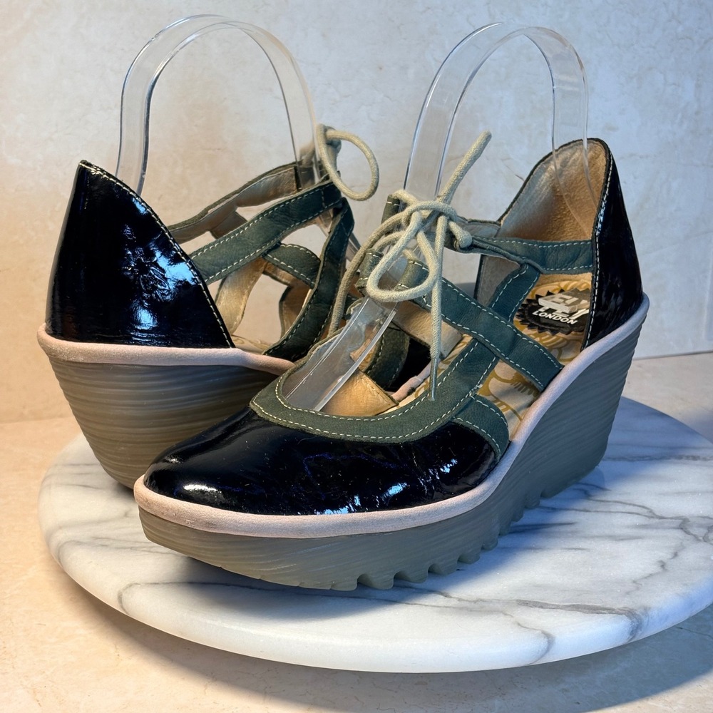 Fly London Yett Black Patent Olive Suede Ghillie Wedge Sandals 38 Edgy Eclectic